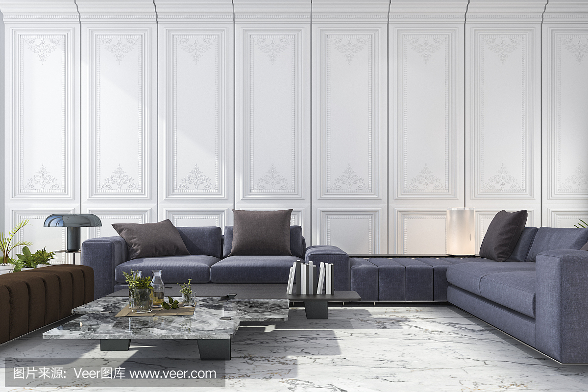3d渲染蓝色和棕色沙发设置在古典豪华白色房间